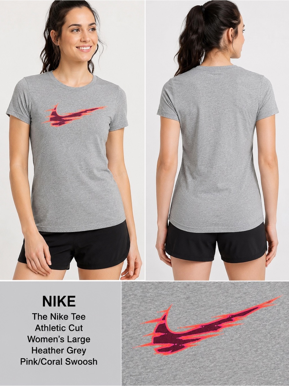 Nike Women's Heather Gray Athletic Tee with Pink/Coral Swoosh